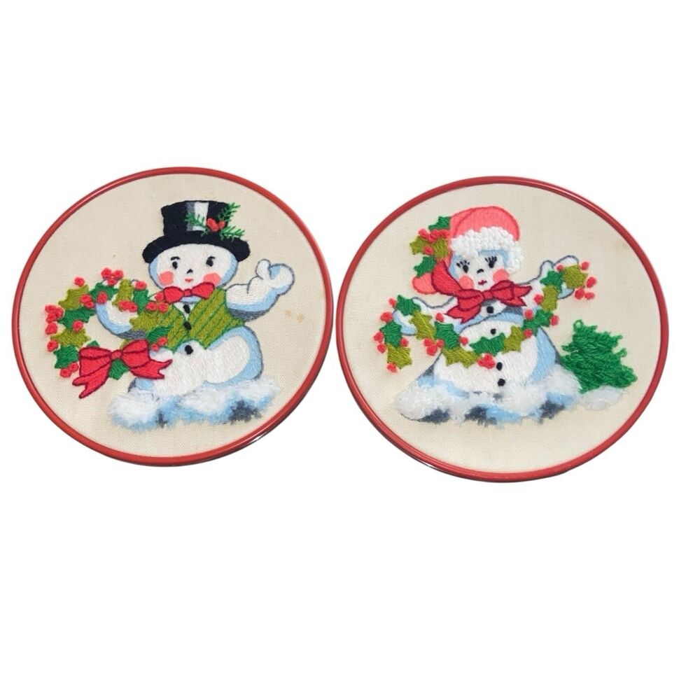 Vintage 1978 Bernat Holiday Hoop Crewel Embroidered Snowman Wall Hangings